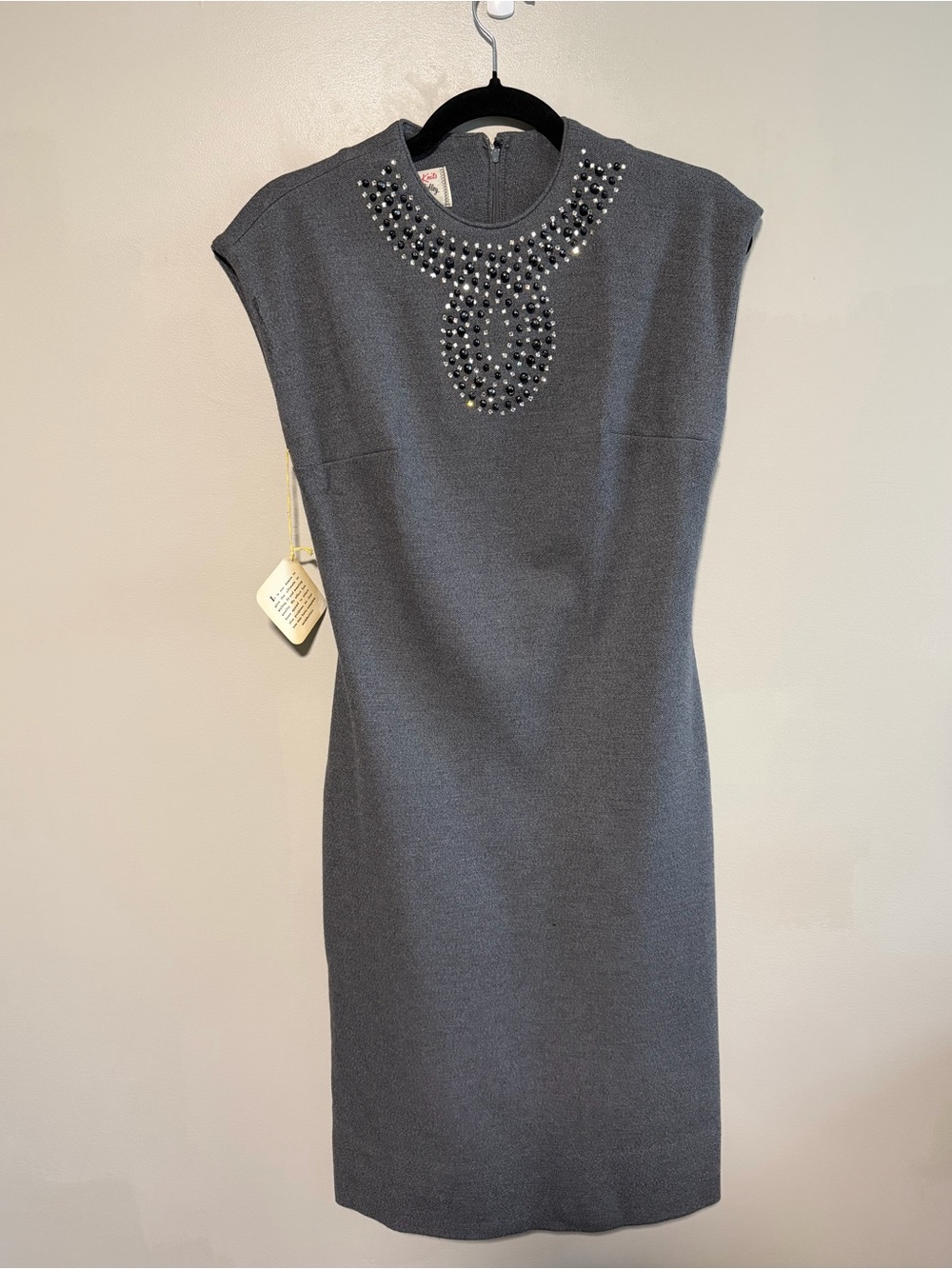 Vintage Grey Wool Dress NWT Made in Canada Union Label Beaded Neckline 1960s
